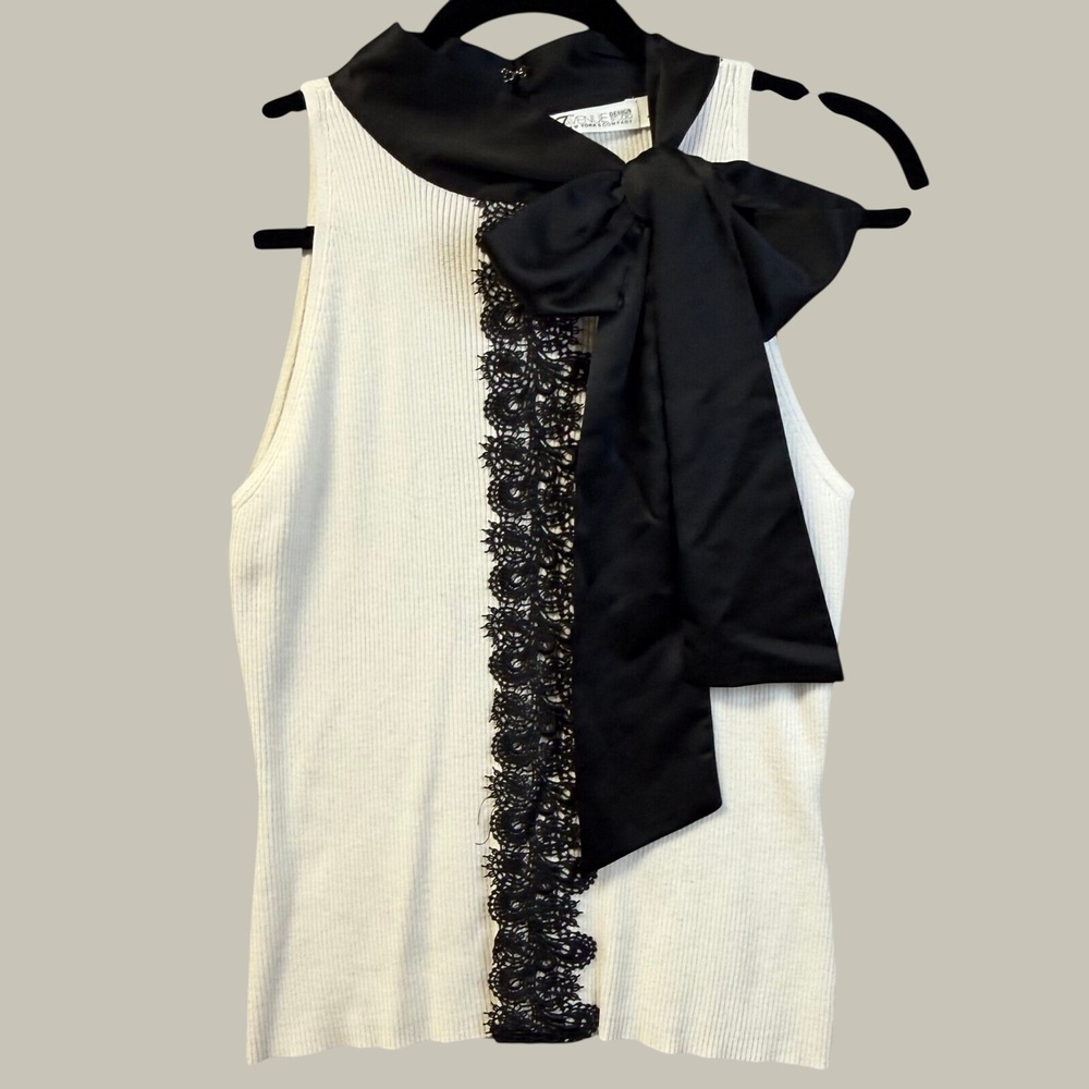 7th Avenue New York & Company Bow Lace Ribbed Sleeveless Top Cream Black Medium